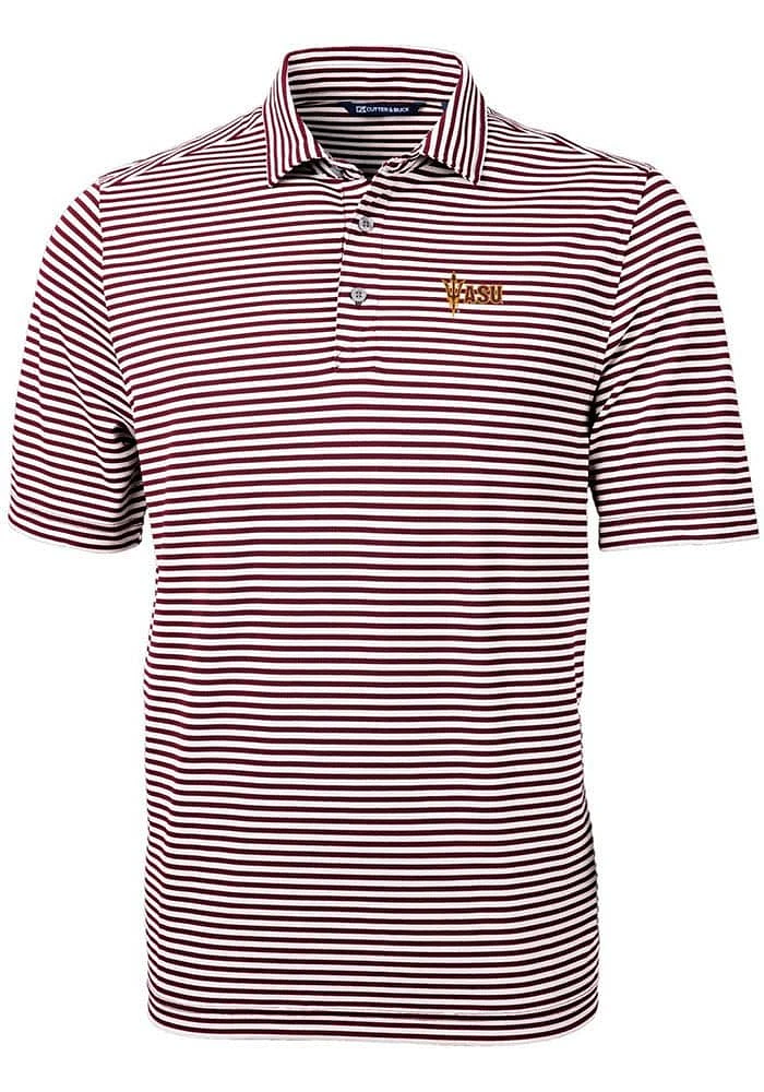 Cutter and Buck Arizona State Sun Devils Mens Maroon Virtue Eco Pique Stripe Short Sleeve Polo