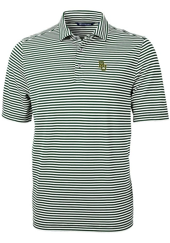 Cutter and Buck Baylor Bears Mens Green Logo Virtue Eco Pique Stripe Short Sleeve Polo