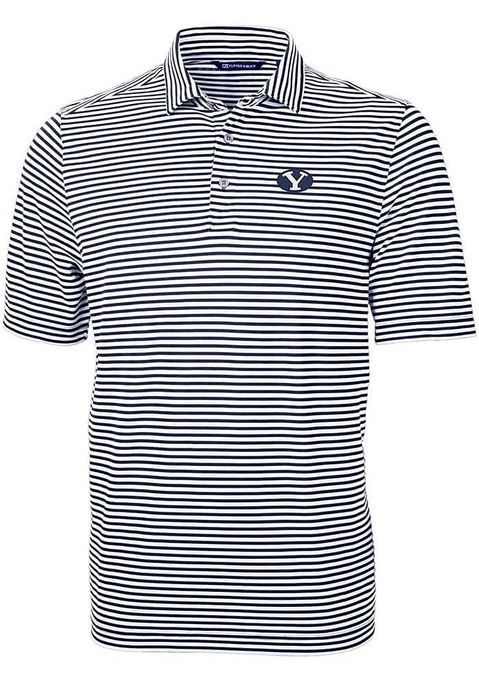 Cutter and Buck BYU Cougars Mens Navy Blue Virtue Eco Pique Stripe Short Sleeve Polo