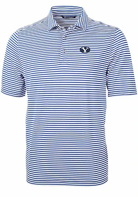 Cutter and Buck BYU Cougars Mens Blue Virtue Eco Pique Stripe Short Sleeve Polo