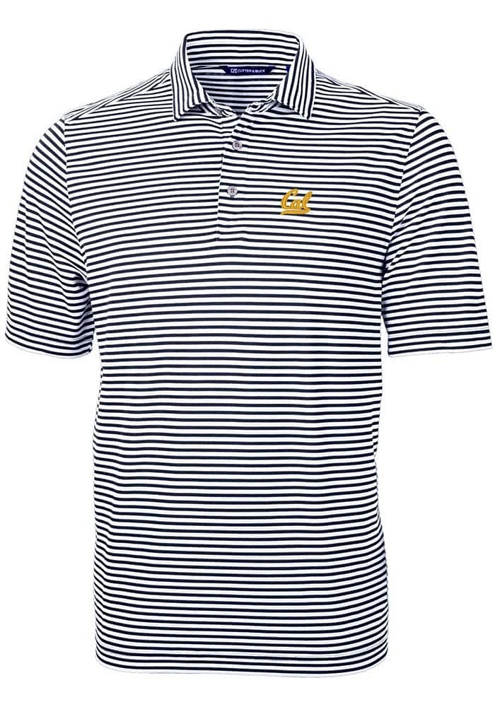 Cutter and Buck Cal Golden Bears Mens Navy Blue Virtue Eco Pique Stripe Short Sleeve Polo