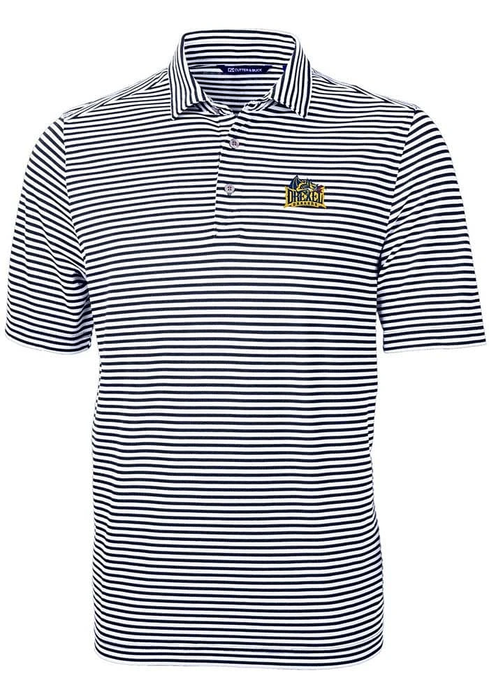 Cutter and Buck Drexel Dragons Mens Navy Blue Virtue Eco Pique Stripe Short Sleeve Polo