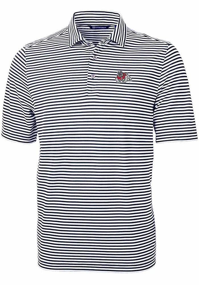 Cutter and Buck Fresno State Bulldogs Mens Navy Blue Virtue Eco Pique Stripe Short Sleeve Polo