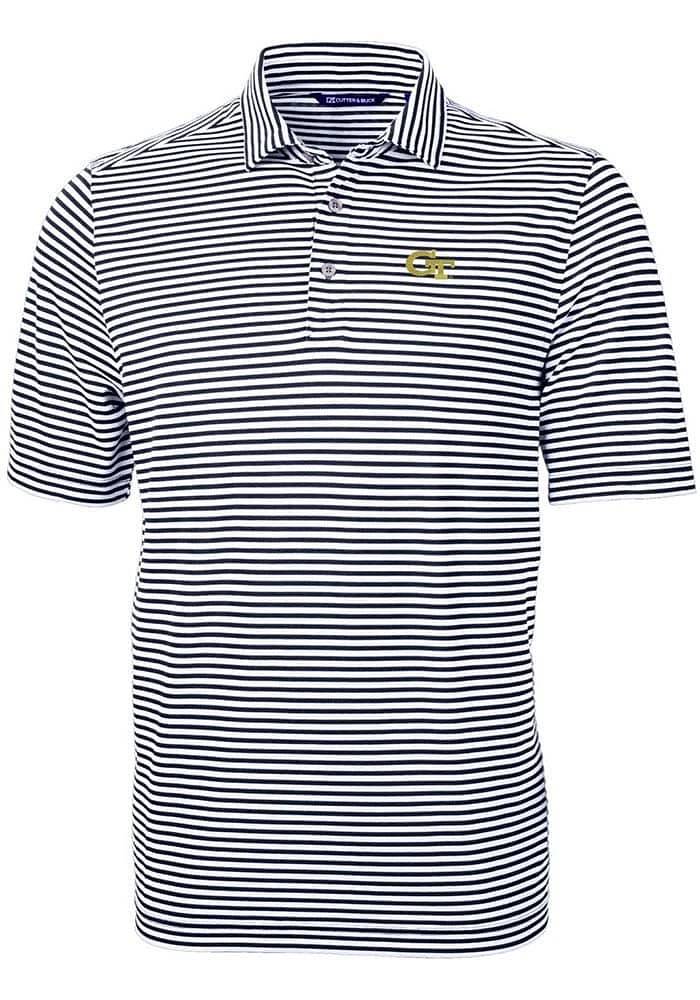Cutter and Buck GA Tech Yellow Jackets Mens Navy Blue Virtue Eco Pique Stripe Short Sleeve Polo