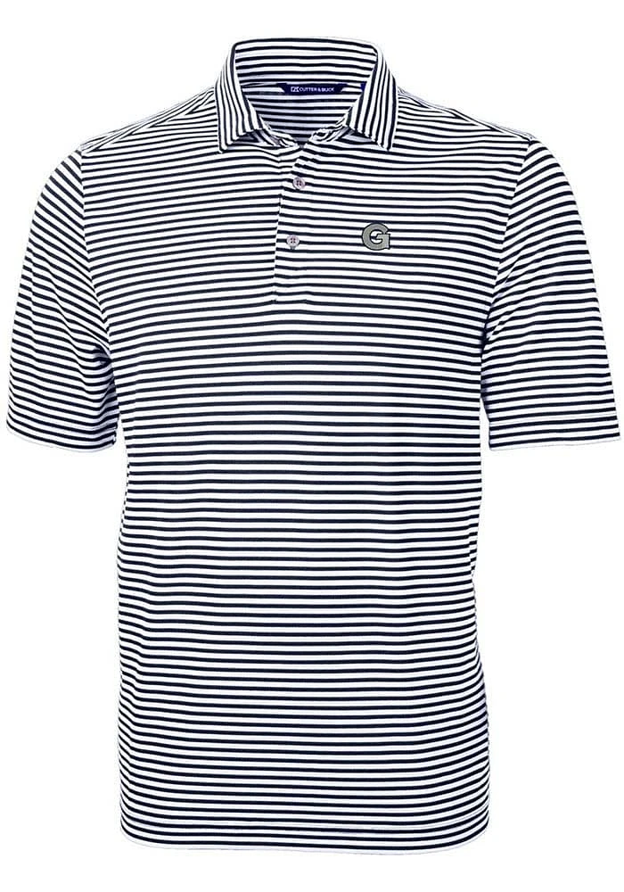 Cutter and Buck Georgetown Hoyas Mens Navy Blue Virtue Eco Pique Stripe Short Sleeve Polo