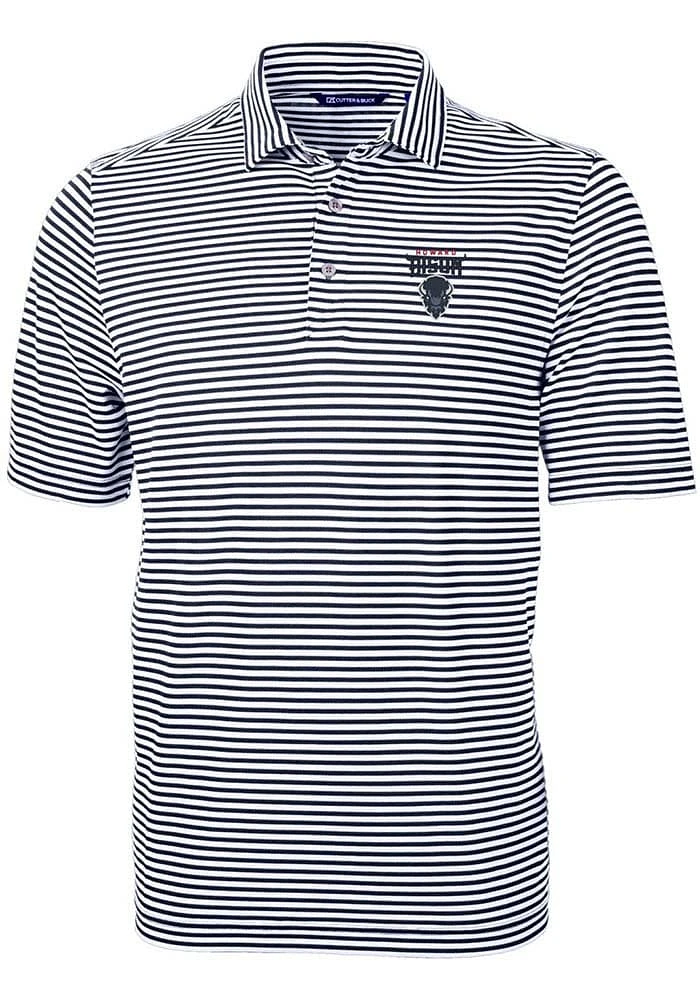 Cutter and Buck Howard Bison Mens Navy Blue Virtue Eco Pique Stripe Short Sleeve Polo
