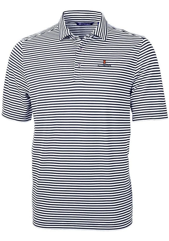 Mens Illinois Fighting Illini Navy Blue Cutter and Buck Virtue Eco Pique Stripe Short Sleeve Pol..