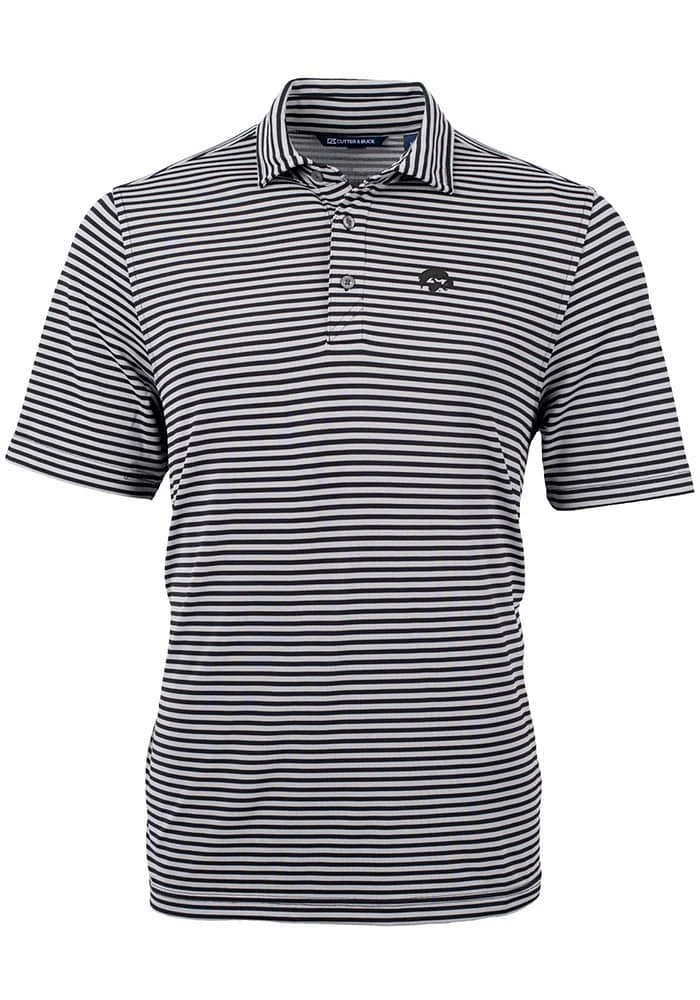 Cutter and Buck Iowa Hawkeyes Mens Black Virtue Eco Pique Stripe Short Sleeve Polo