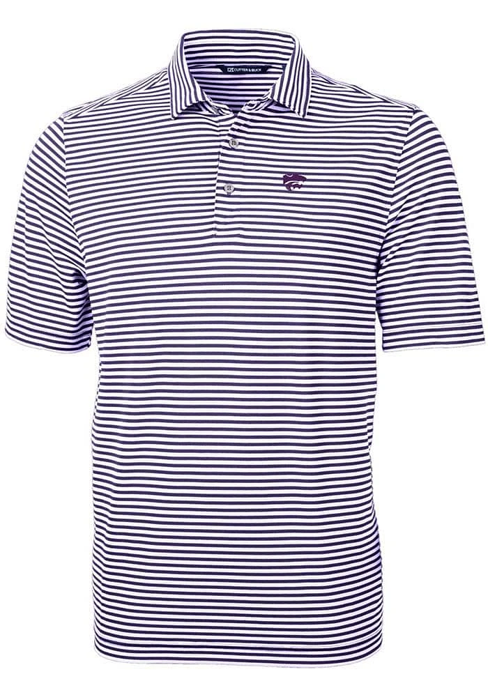 Mens K-State Wildcats Purple Cutter and Buck Virtue Eco Pique Stripe Logo Short Sleeve Polo Shir..
