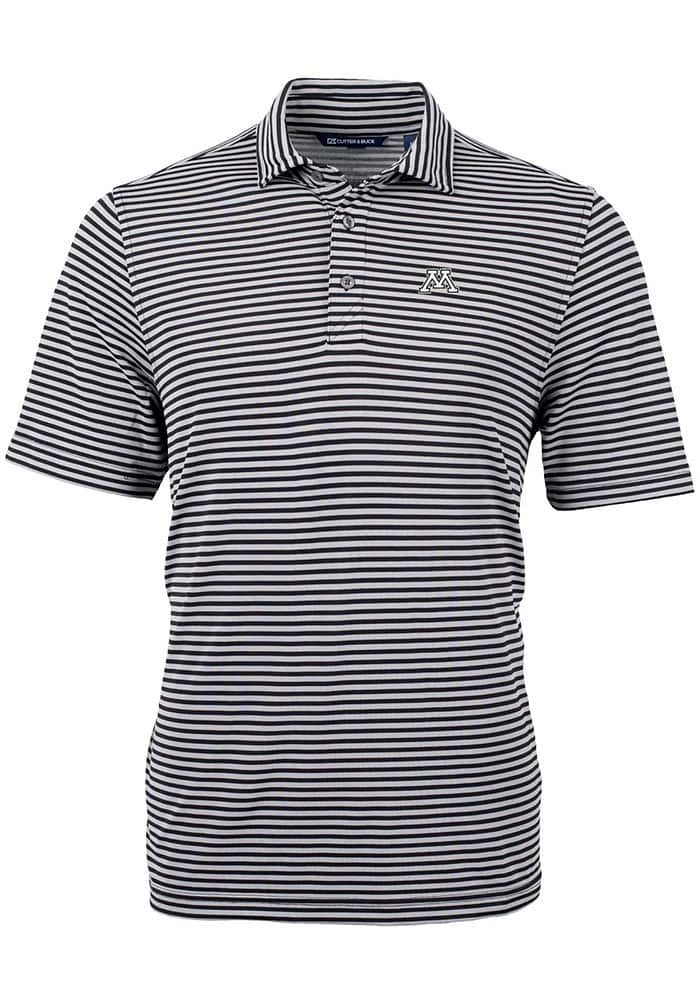 Mens Minnesota Golden Gophers Black Cutter and Buck Virtue Eco Pique Stripe Short Sleeve Polo Sh..