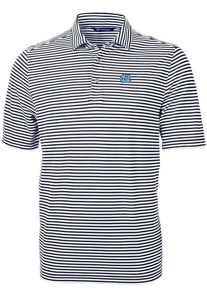 Cutter and Buck North Carolina Tar Heels Mens Navy Blue Virtue Eco Pique Stripe Short Sleeve Pol..