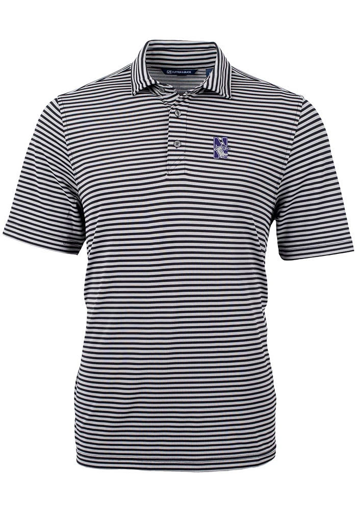 Mens Northwestern Wildcats Black Cutter and Buck Virtue Eco Pique Stripe Short Sleeve Polo Shirt