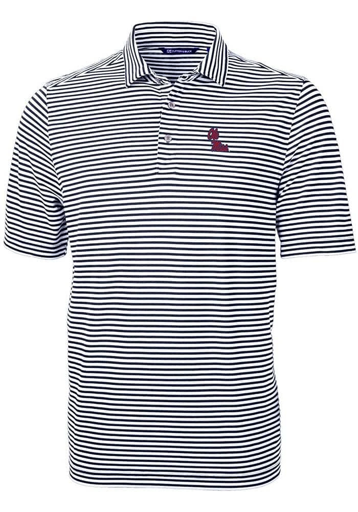 Cutter and Buck Ole Miss Rebels Mens Navy Blue Virtue Eco Pique Stripe Short Sleeve Polo