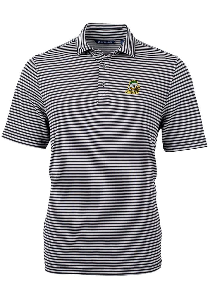 Mens Oregon Ducks Black Cutter and Buck Virtue Eco Pique Stripe Short Sleeve Polo Shirt
