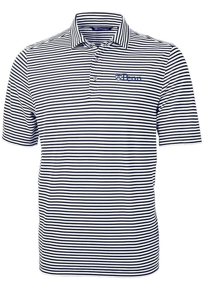 Cutter and Buck Pennsylvania Quakers Mens Navy Blue Virtue Eco Pique Stripe Short Sleeve Polo