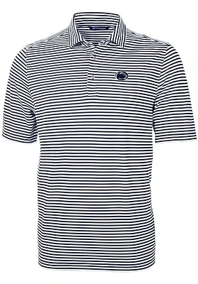 Mens Penn State Nittany Lions Navy Blue Cutter and Buck Virtue Eco Pique Stripe Short Sleeve Pol..