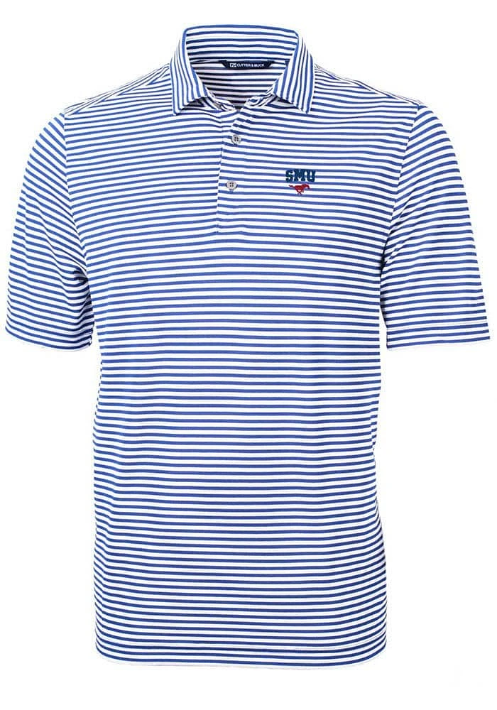 Cutter and Buck SMU Mustangs Mens Virtue Eco Pique Stripe Short Sleeve Polo