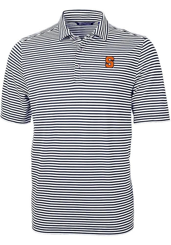 Cutter and Buck Syracuse Orange Mens Navy Blue Virtue Eco Pique Stripe Short Sleeve Polo