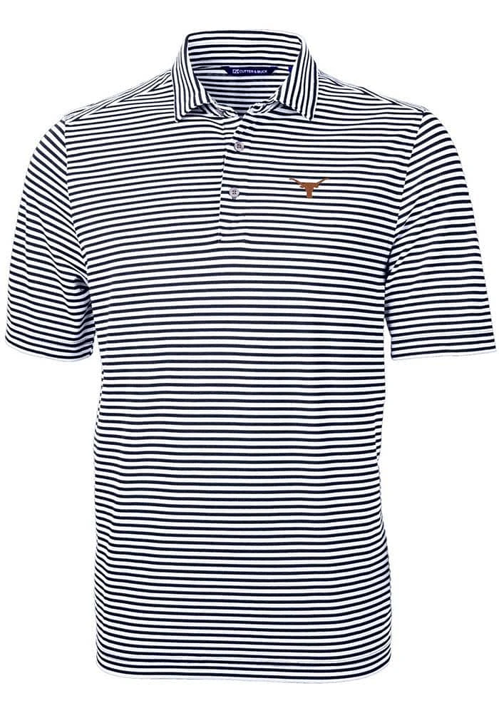 Cutter and Buck Texas Longhorns Mens Navy Blue Virtue Eco Pique Stripe Short Sleeve Polo
