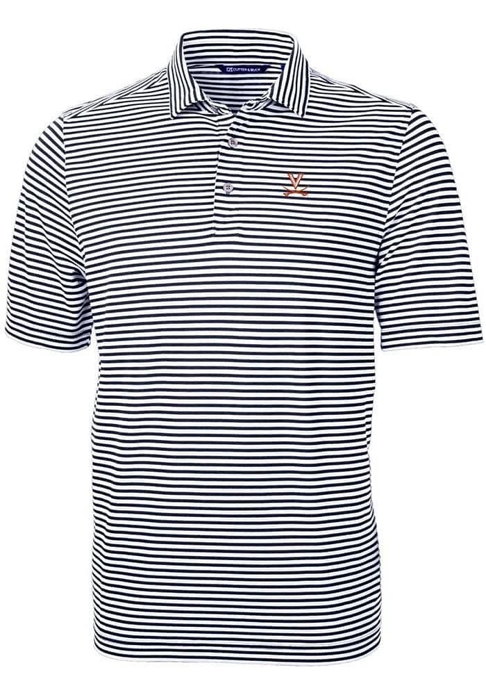 Cutter and Buck Virginia Cavaliers Mens Navy Blue Virtue Eco Pique Stripe Short Sleeve Polo