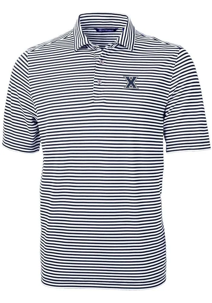 Cutter and Buck Xavier Musketeers Mens Navy Blue Virtue Eco Pique Stripe Short Sleeve Polo