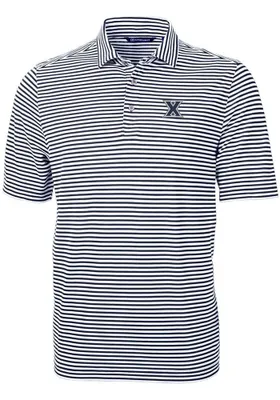 Cutter and Buck Xavier Musketeers Mens Navy Blue Virtue Eco Pique Stripe Short Sleeve Polo