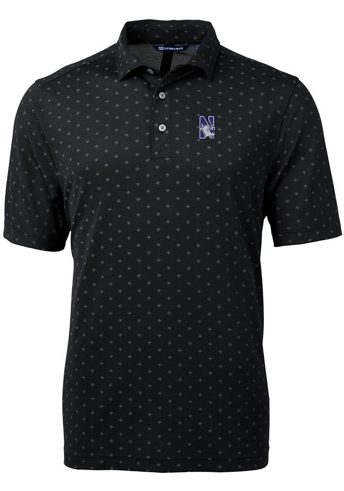 Mens Northwestern Wildcats Black Cutter and Buck Virtue Eco Pique Tile Short Sleeve Polo Shirt