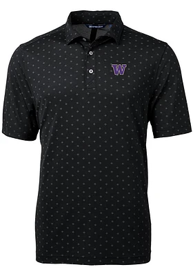 Mens Washington Huskies Black Cutter and Buck Virtue Eco Pique Tile Short Sleeve Polo Shirt