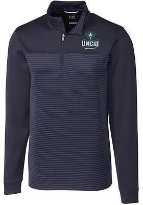 Cutter and Buck UNCW Seahawks Mens Navy Blue Traverse Stripe Stretch Long Sleeve Qtr Zip Pullover