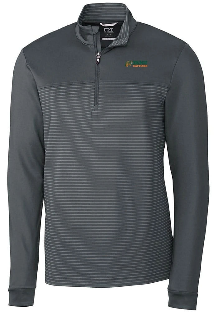 Cutter and Buck Florida A&M Rattlers Mens Grey Traverse Stripe Stretch Long Sleeve Qtr Zip Pullove..