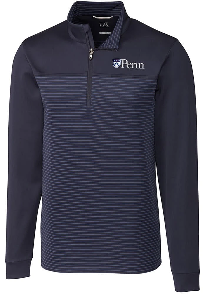 Cutter and Buck Pennsylvania Quakers Mens Navy Blue Traverse Stripe Stretch Long Sleeve Qtr Zip Pu..