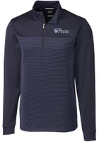 Cutter and Buck Pennsylvania Quakers Mens Navy Blue Traverse Stripe Stretch Long Sleeve Qtr Zip Pu..