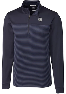 Cutter and Buck Georgetown Hoyas Mens Navy Blue Traverse Stripe Stretch Long Sleeve Qtr Zip Pull..