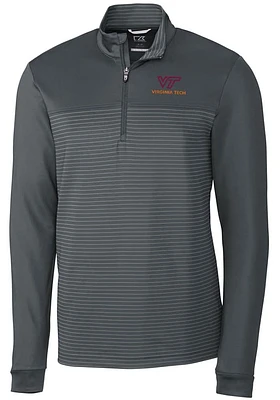 Cutter and Buck Virginia Tech Hokies Mens Grey Traverse Stripe Stretch Long Sleeve Qtr Zip Pullove..