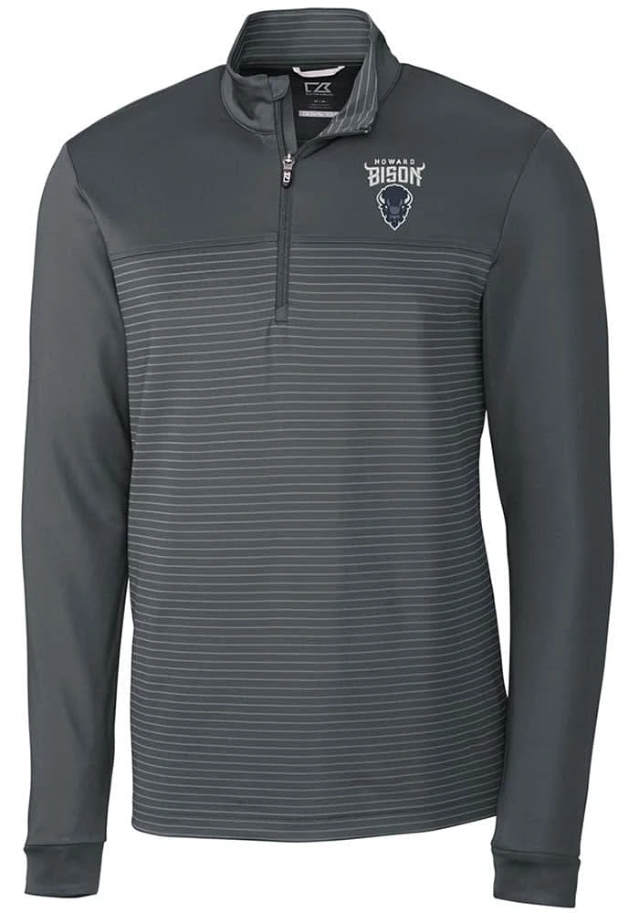 Cutter and Buck Howard Bison Mens Grey Traverse Stripe Stretch Long Sleeve Qtr Zip Pullover