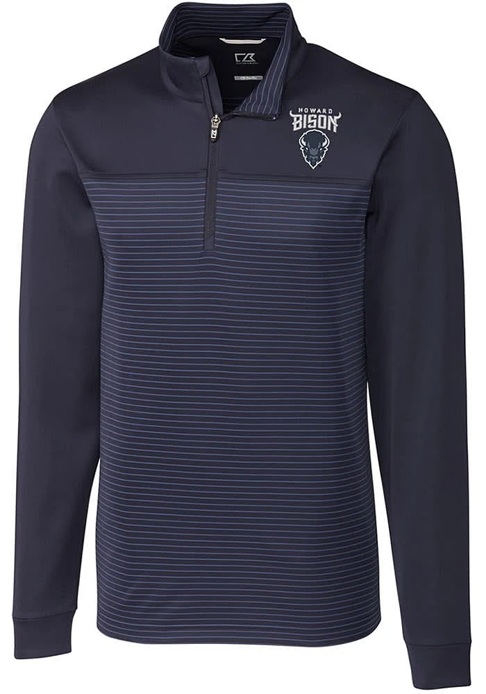 Cutter and Buck Howard Bison Mens Navy Blue Traverse Stripe Stretch Long Sleeve Qtr Zip Pullover
