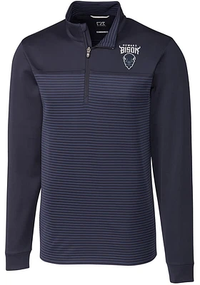 Cutter and Buck Howard Bison Mens Navy Blue Traverse Stripe Stretch Long Sleeve Qtr Zip Pullover