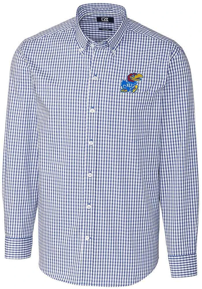 Cutter and Buck Kansas Jayhawks Mens Blue Easy Care Gingham Long Sleeve Dress Shirt