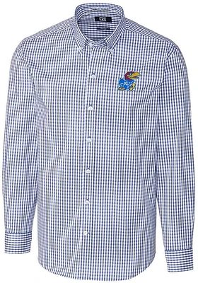 Cutter and Buck Kansas Jayhawks Mens Blue Easy Care Gingham Long Sleeve Dress Shirt