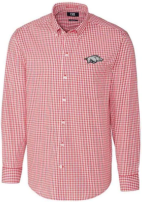 Cutter and Buck Arkansas Razorbacks Mens Red Easy Care Gingham Long Sleeve Dress Shirt