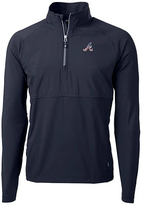 Cutter and Buck Atlanta Braves Mens Navy Blue Americana Adapt Eco Hybrid Long Sleeve Qtr Zip Pul..