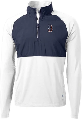 Cutter and Buck Boston Red Sox Mens White Americana Adapt Eco Hybrid Long Sleeve Qtr Zip Pullove..