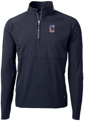 Cutter and Buck Cleveland Guardians Mens Navy Blue Americana Adapt Eco Hybrid Long Sleeve Qtr Zi..