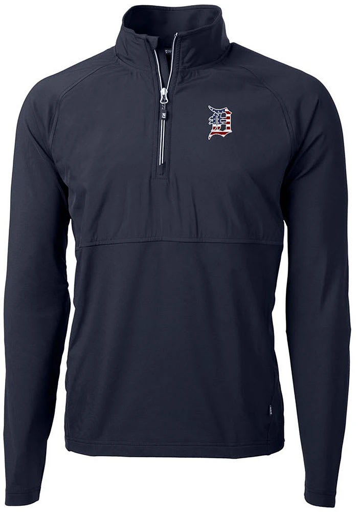 Cutter and Buck Detroit Tigers Mens Navy Blue Americana Adapt Eco Hybrid Long Sleeve Qtr Zip Pul..