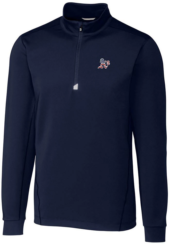 Cutter and Buck Oakland Athletics Mens Navy Blue Traverse Stretch Long Sleeve Qtr Zip Pullover