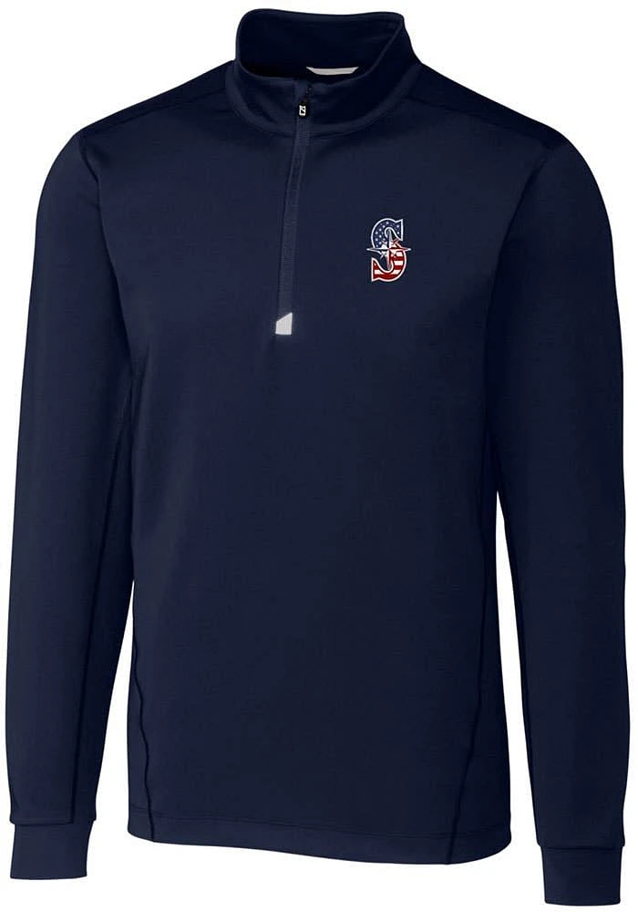 Cutter and Buck Seattle Mariners Mens Navy Blue Americana Traverse Long Sleeve Qtr Zip Pullover