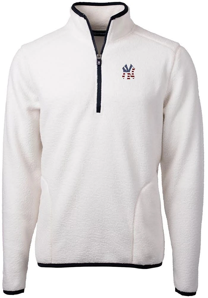Cutter and Buck New York Yankees Mens White Cascade Eco Sherpa Fleece Long Sleeve Qtr Zip Pullov..