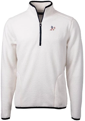 Cutter and Buck Oakland Athletics Mens White Cascade Eco Sherpa Fleece Long Sleeve Qtr Zip Pullove..