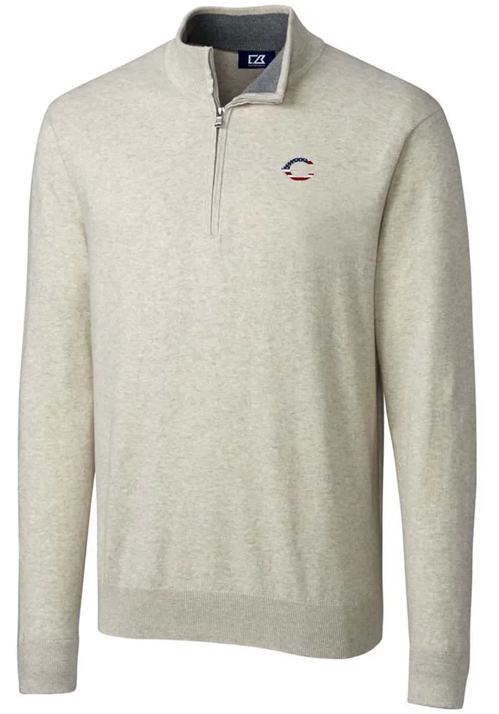 Cutter and Buck Cincinnati Reds Mens Oatmeal Americana Lakemont Long Sleeve Qtr Zip Pullover