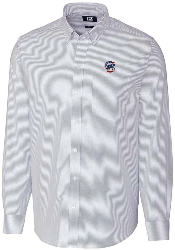 Cutter and Buck Chicago Cubs Mens Light Blue Stretch Oxford Stripe Long Sleeve Dress Shirt